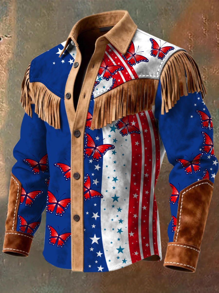 Men's Retro Western Style 250th Anniversary Print Vintage Tassel Casual Long Sleeve Shirt